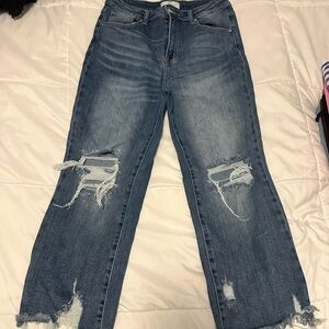 Blue Flare Wide Leg Distressed Jeans